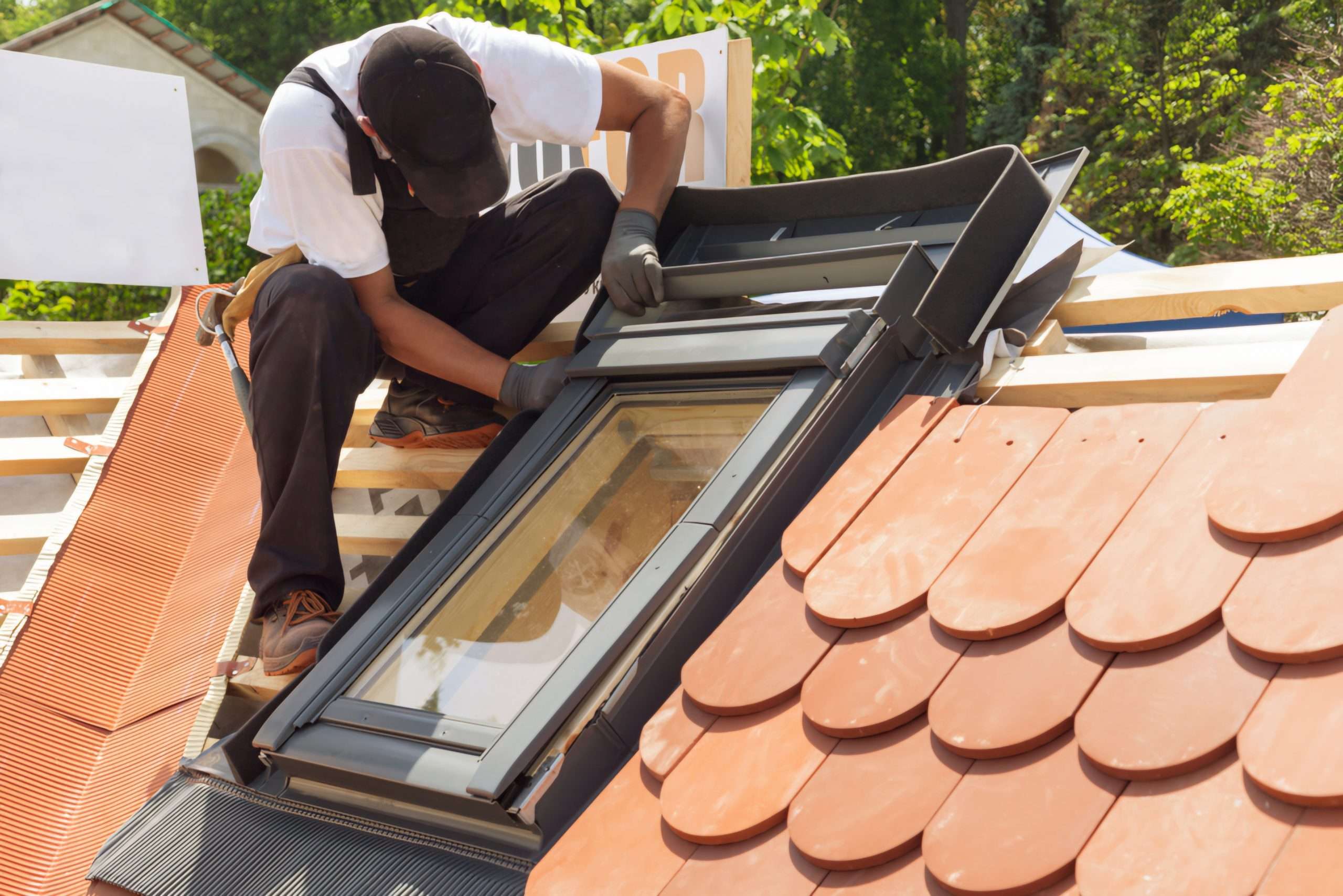 Installation,Of,Mansard,Windows,On,A,New,Roof,Of,Red Installation,Of,Mansard,Windows,On,A,New,Roof,Of,Red